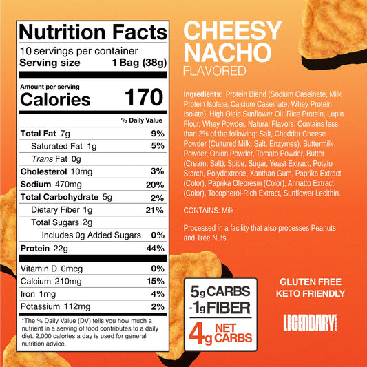 Legendary Foods Cheesy Nacho Protein Chips closeup showing crispy popped texture and cheese flavor.