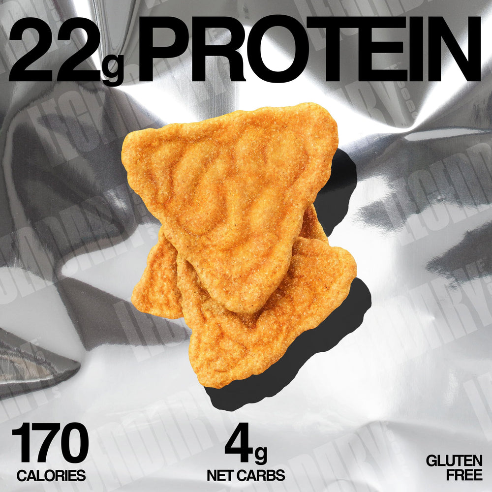 Legendary Foods Cheesy Nacho Protein Chips in hand ready for on-the-go snacking.