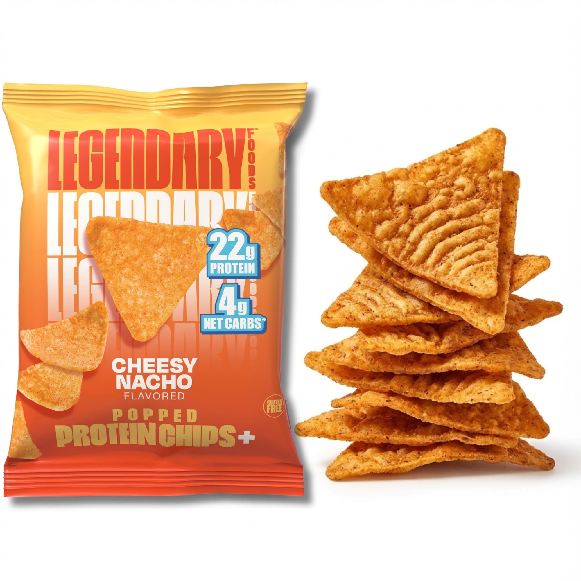Legendary Foods Cheesy Nacho Protein Chips packaging highlights 22g protein per bag for fueling workouts.