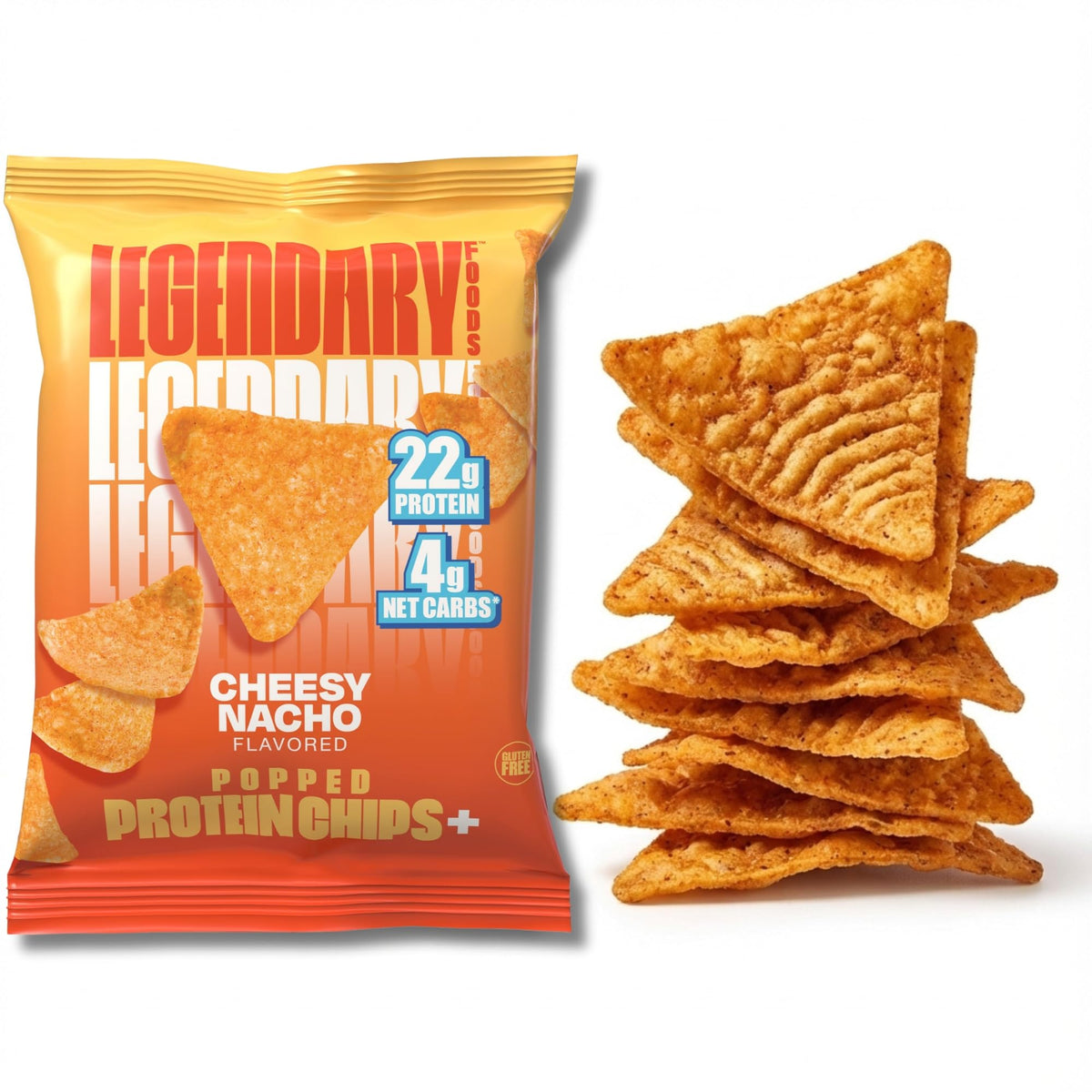 Legendary Foods Cheesy Nacho Protein Chips packaging highlights 22g protein per bag for fueling workouts.