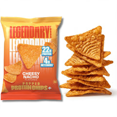 Legendary Foods Cheesy Nacho Protein Chips packaging highlights 22g protein per bag for fueling workouts.