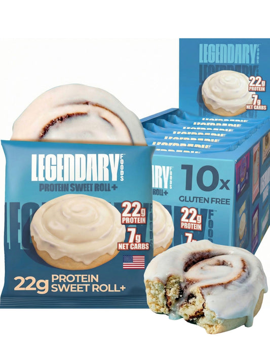 Legendary Foods Cinnamon Roll bar in hand—high-protein snack for on-the-go fuel.