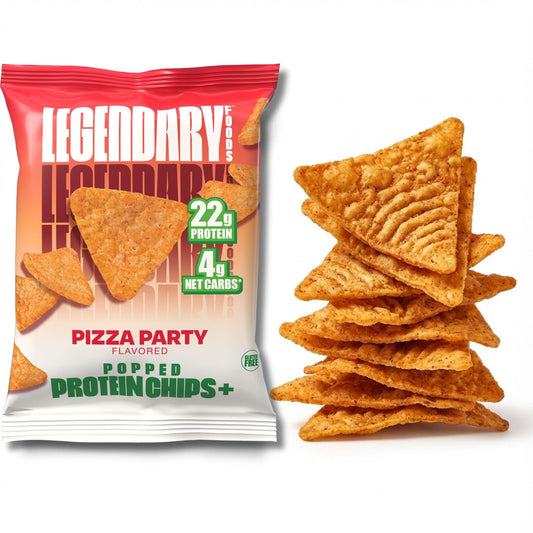 Legendary Foods Pizza Party Protein Chips bag with bold flavor and 22g protein per bag