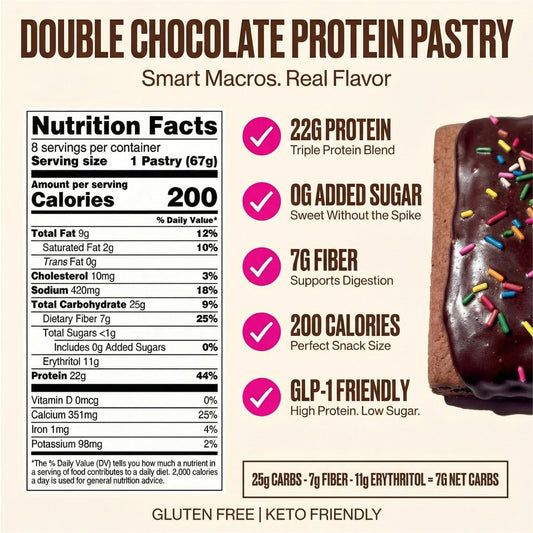 Legendary Foods Protein Pastry interior view shows texture and chocolate chips.