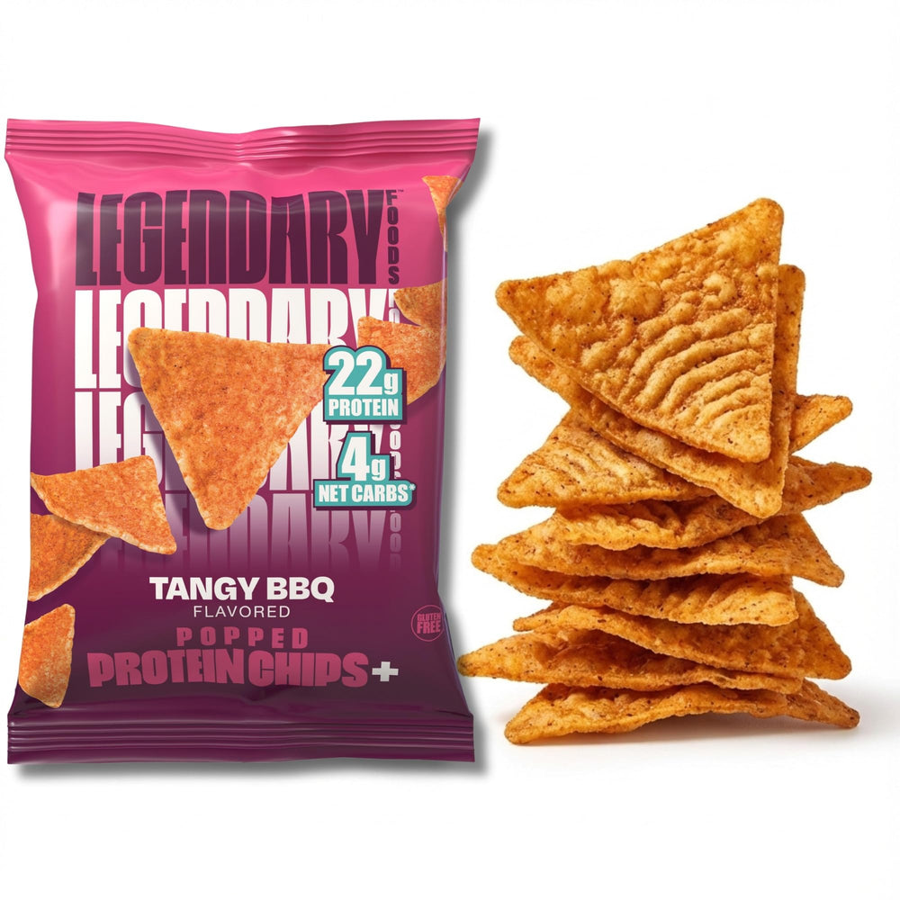 Legendary Foods Tangy BBQ Protein Chips bag showing high-protein snack for on-the-go energy.