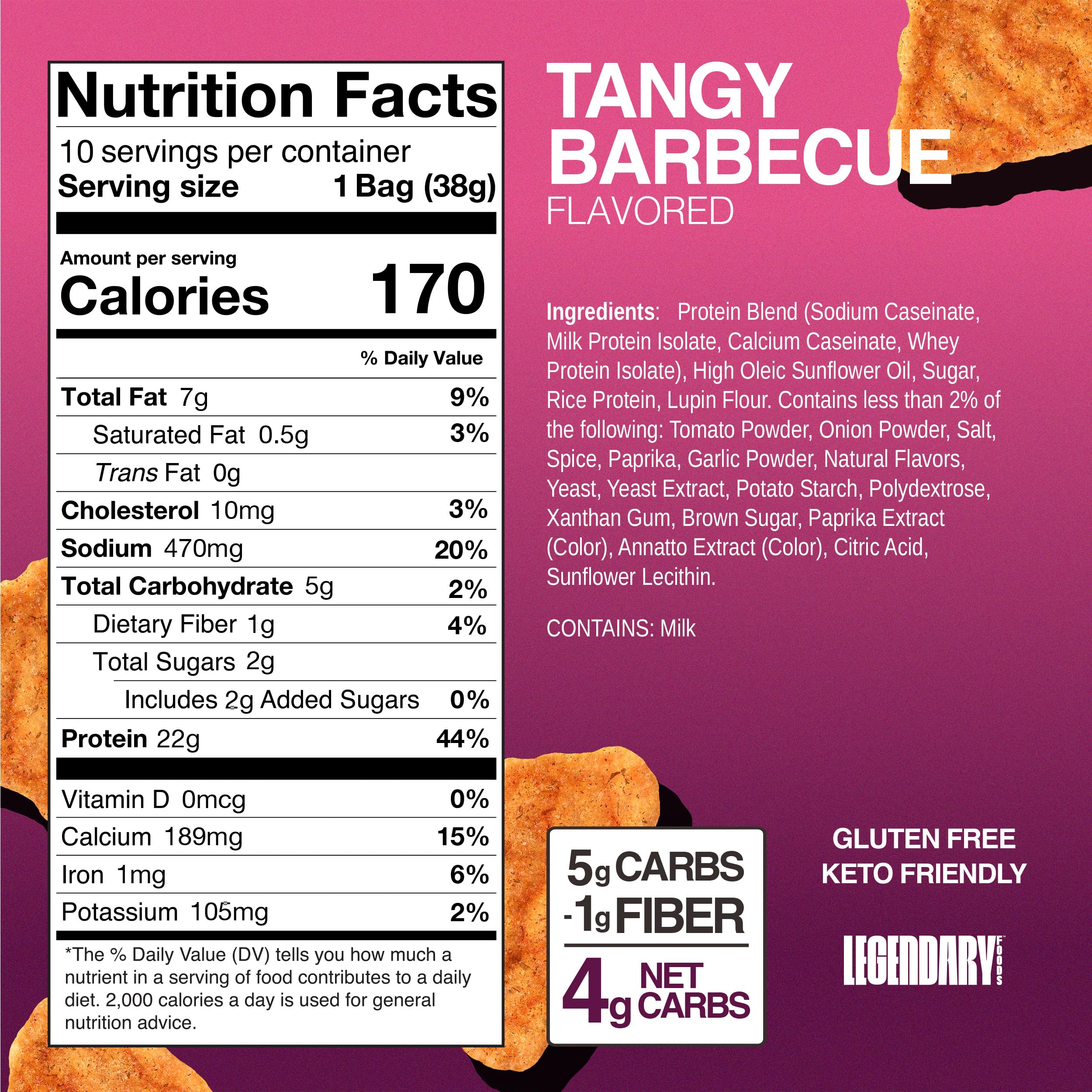 Legendary Foods Tangy BBQ Protein Chips pack front view highlighting portion size.