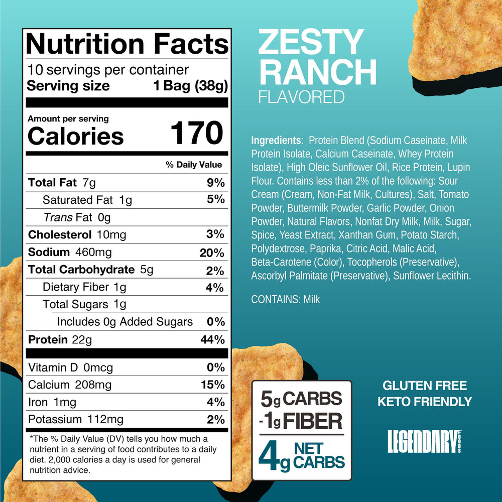Legendary Foods Zesty Ranch chips with crispy popped texture for a flavorful crunch
