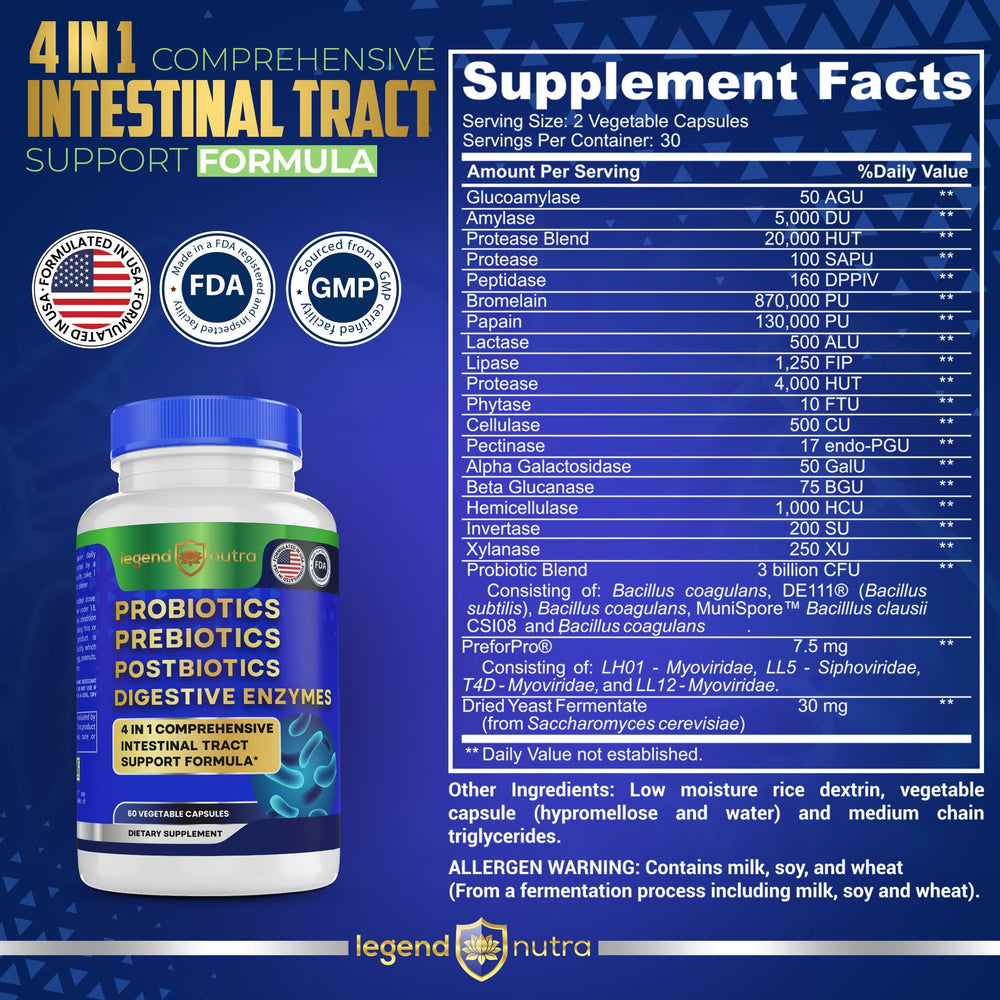 Legend Nutra Probiotics label detail noting non-GMO and USA-made quality