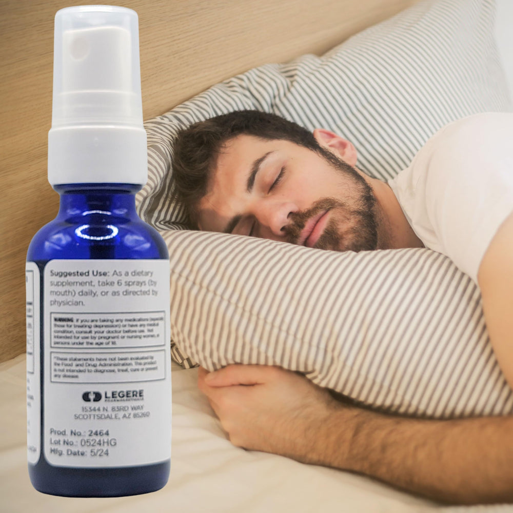 Close-up of Legere 5-HTP Plus GABA label highlighting relaxation ingredients.