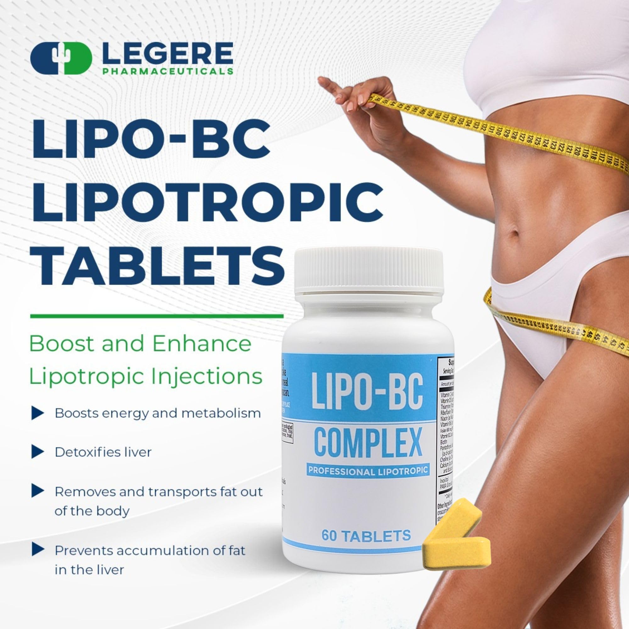 Legere Lipo-BC tablets close-up showing B vitamins and vitamin C for energy support.