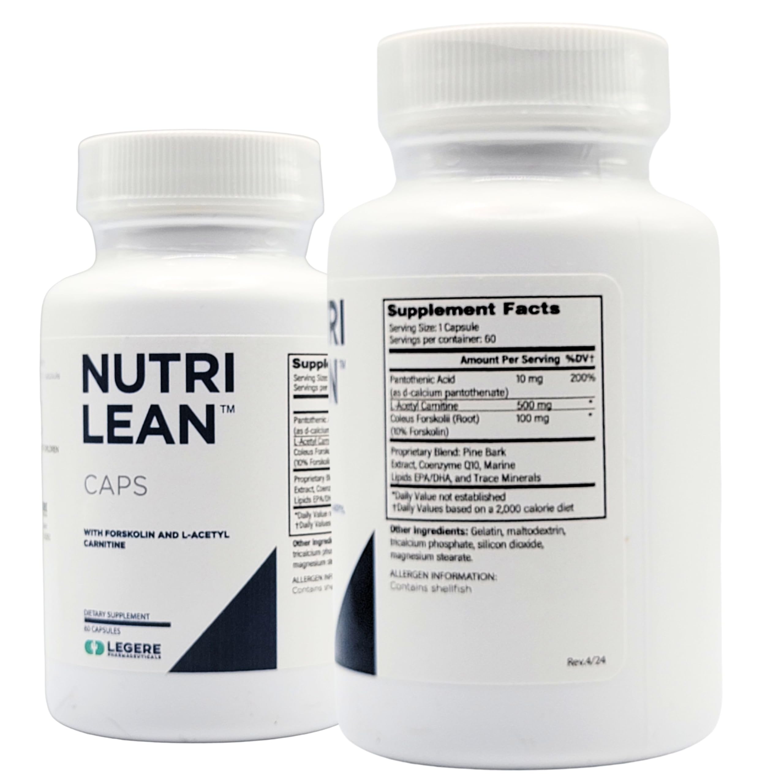 Legere NutriLean bottle label highlighting Pycnogenols, CoQ10, and marine lipids
