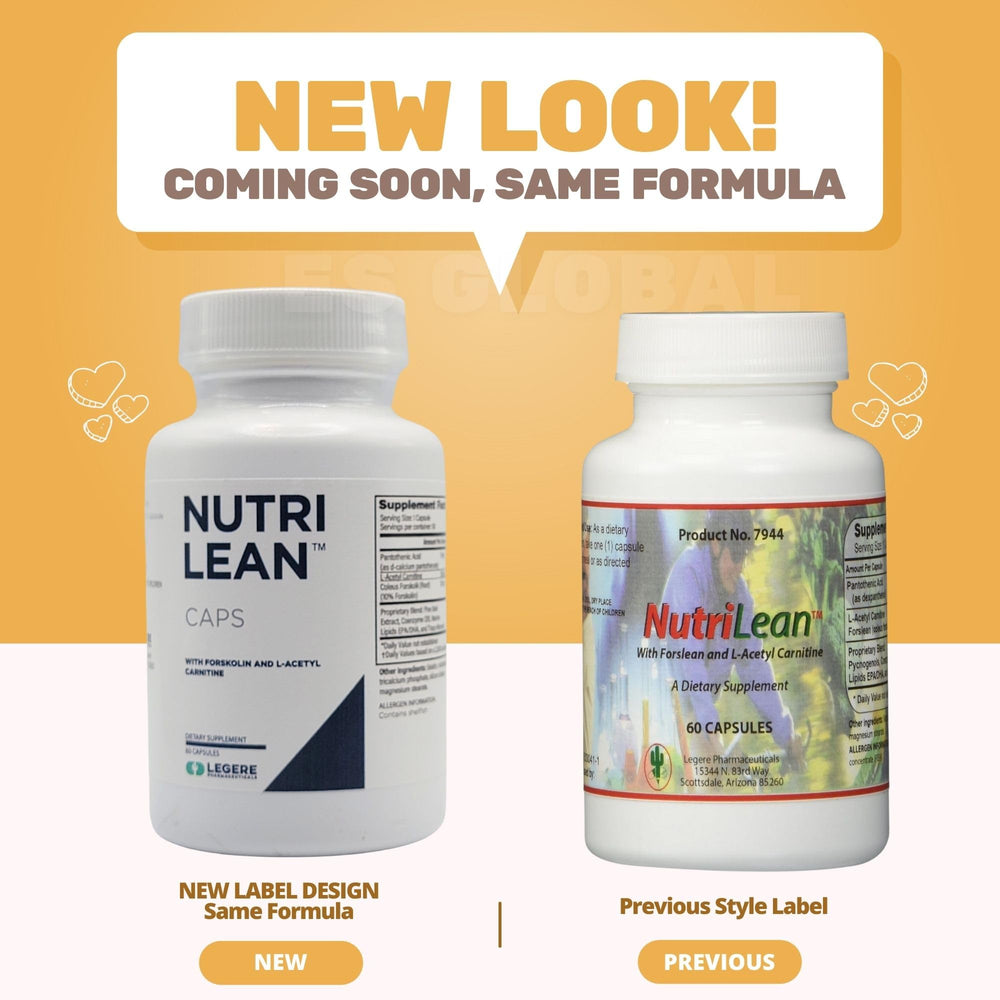 Legere NutriLean capsules close-up showing pantothenic acid and L-acetyl carnitine
