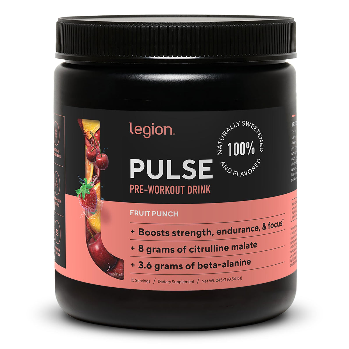 LEGION Pulse preworkout bottle front shows a clean label for energy support