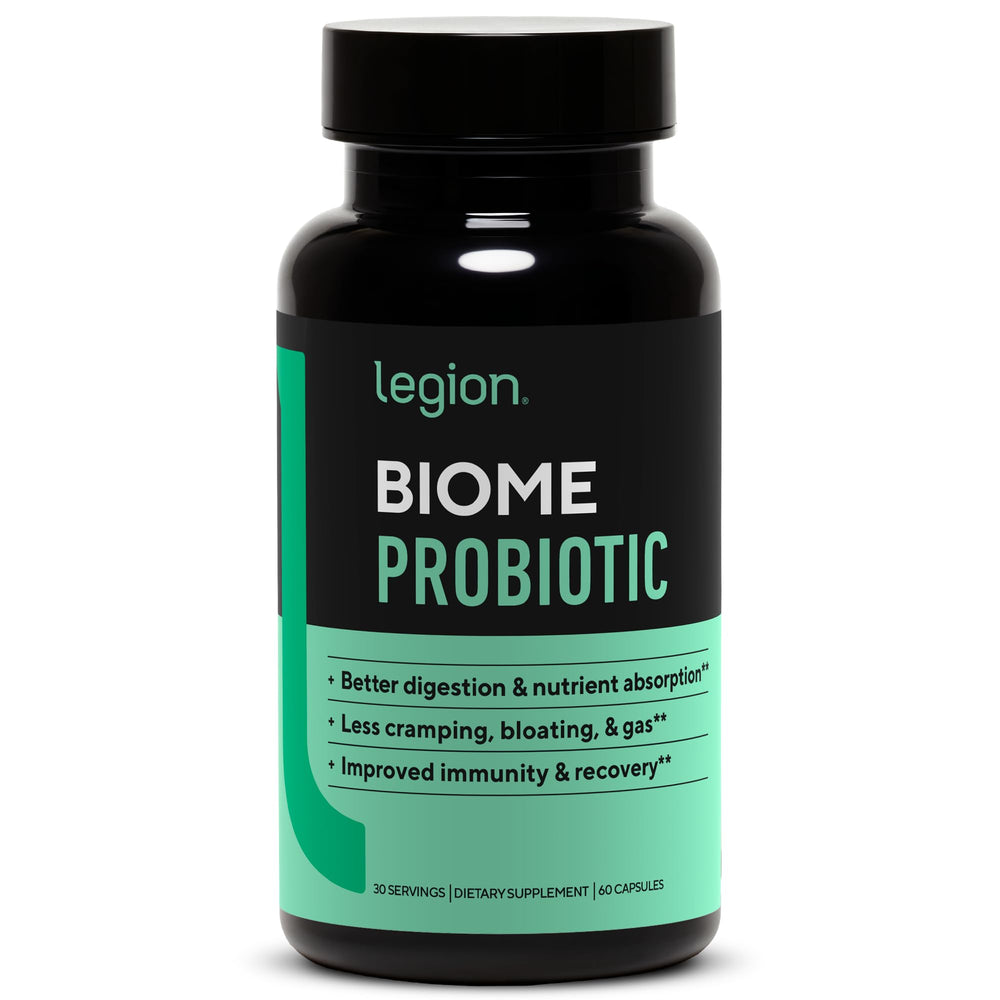 LEGION Biome Probiotic bottle front for daily gut support.