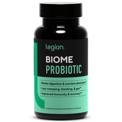 LEGION Biome Probiotic bottle front for daily gut support.