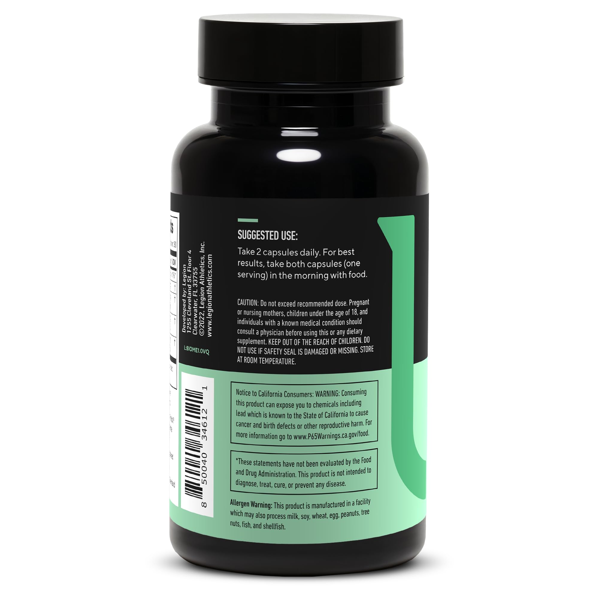 LEGION Biome Probiotic capsules in hand illustrate simple dosing.
