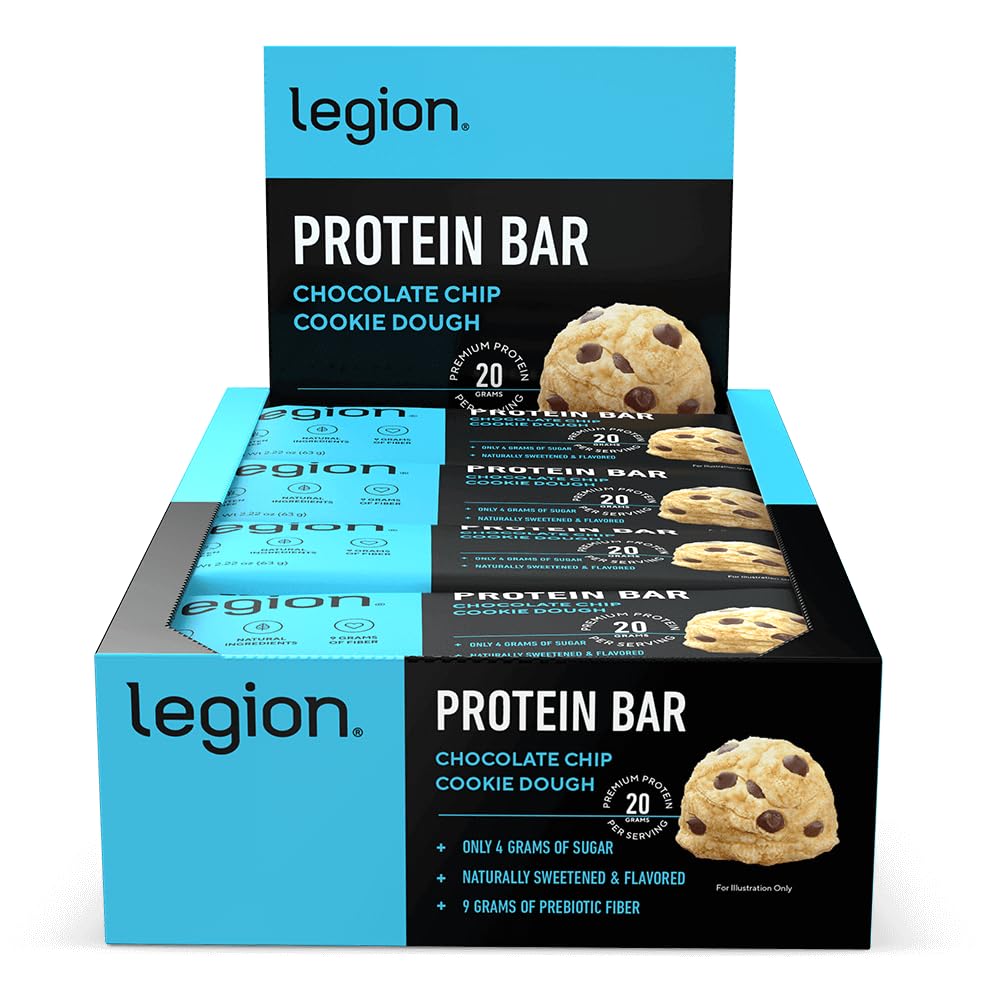 Legion Chocolate Chip Cookie Dough Bar packaging close-up highlights natural flavor and clean ingredients.