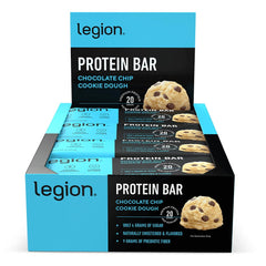 Legion Chocolate Chip Cookie Dough Bar packaging close-up highlights natural flavor and clean ingredients.