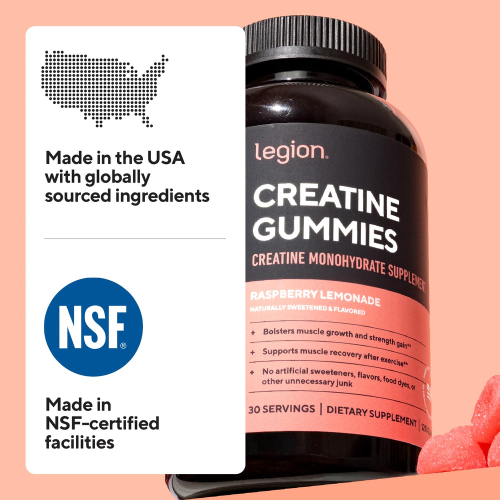 LEGION Creatine Monohydrate Gummies on a workout bag illustrating convenient training use