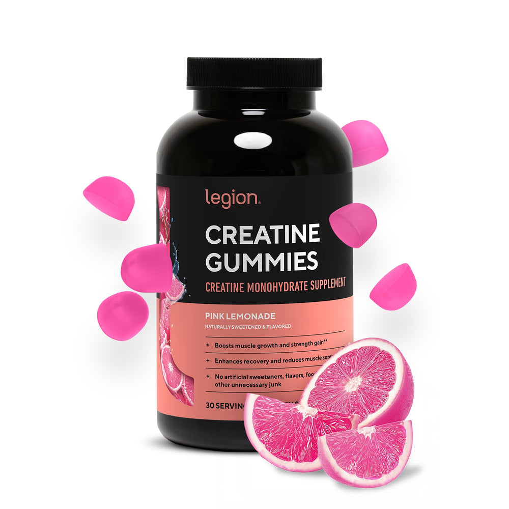 LEGION Creatine Monohydrate Gummies pink lemonade bottle on desk for post-workout ease.