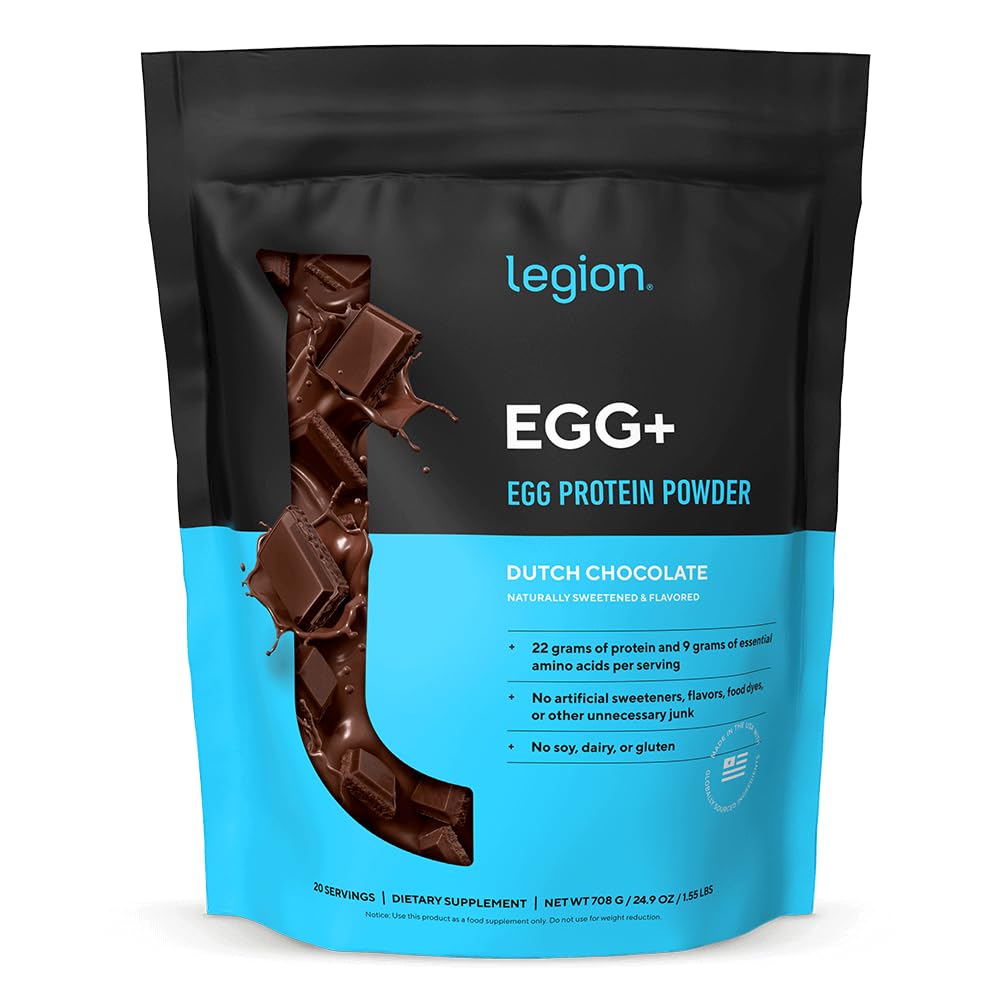 LEGION Egg+ Chocolate serving and pour highlights fast-digesting protein for workouts