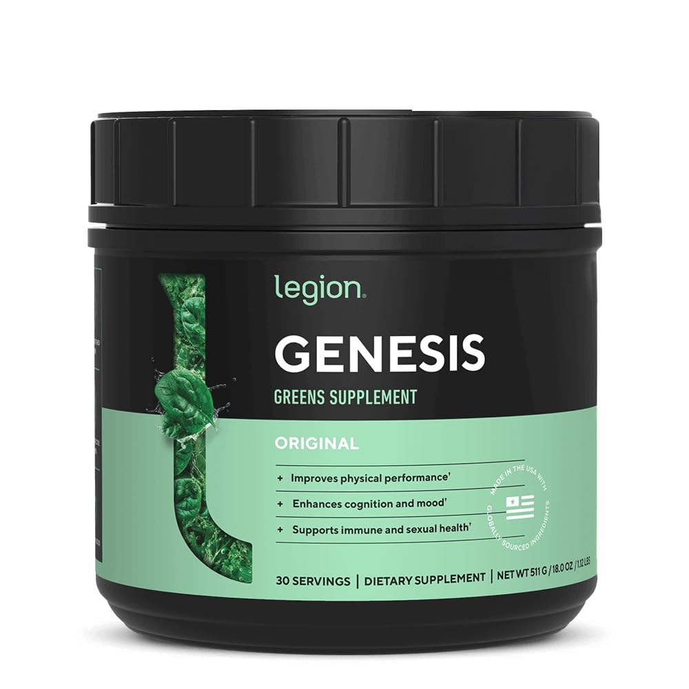 LEGION Genesis Greens bottle close-up highlighting a premium greens supplement for daily energy and digestion.