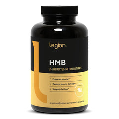 LEGION HMB 3000mg capsules bottle closeup highlights compact muscle support