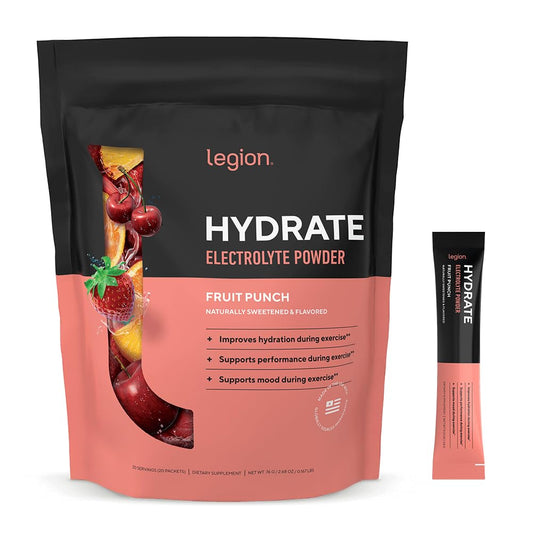 LEGION Hydrate electrolyte packets in fruit punch for clean hydration on the go