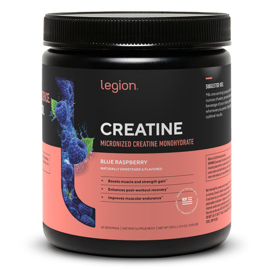 LEGION micronized creatine powder close-up showing blue raspberry flavor for smoother mixing.