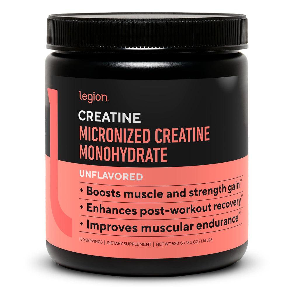 LEGION micronized creatine monohydrate bottle showing clean, high-absorption formula for workouts