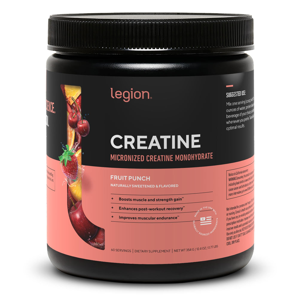 LEGION micronized creatine monohydrate bottle with fruit punch flavor for easy post-workout fueling