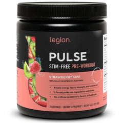 LEGION Pulse bottle front, stimulant-free pre workout for clean energy and no jitters.