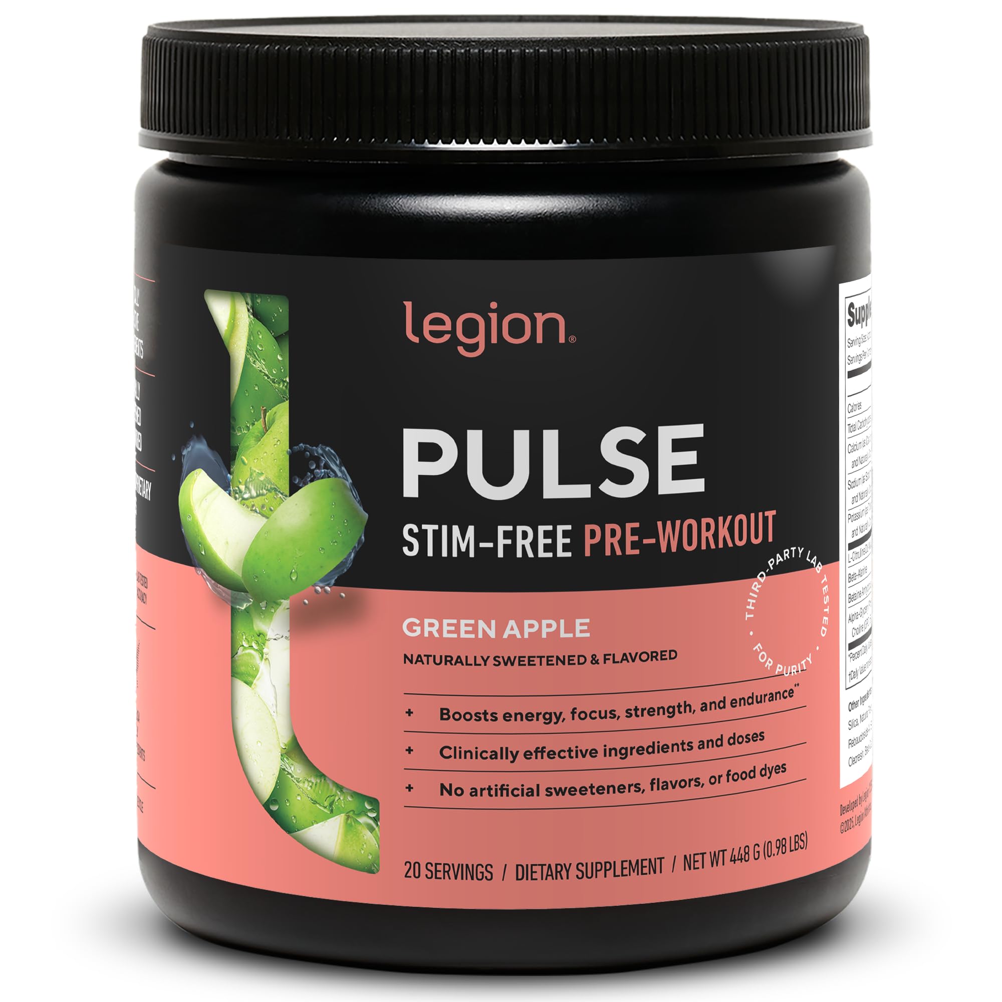 LEGION Pulse pre-workout bottle front with green apple flavor for clean energy