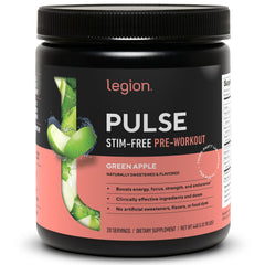 LEGION Pulse pre-workout bottle front with green apple flavor for clean energy