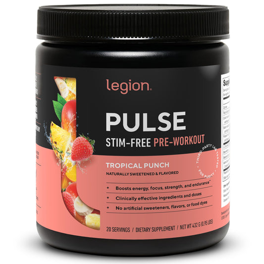 LEGION Pulse pre-workout bottle front shows branding and caffeine-free energy support.