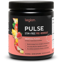 LEGION Pulse pre-workout bottle front shows branding and caffeine-free energy support.