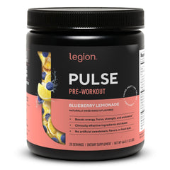 LEGION Pulse pre-workout tub front label shows transparent ingredients