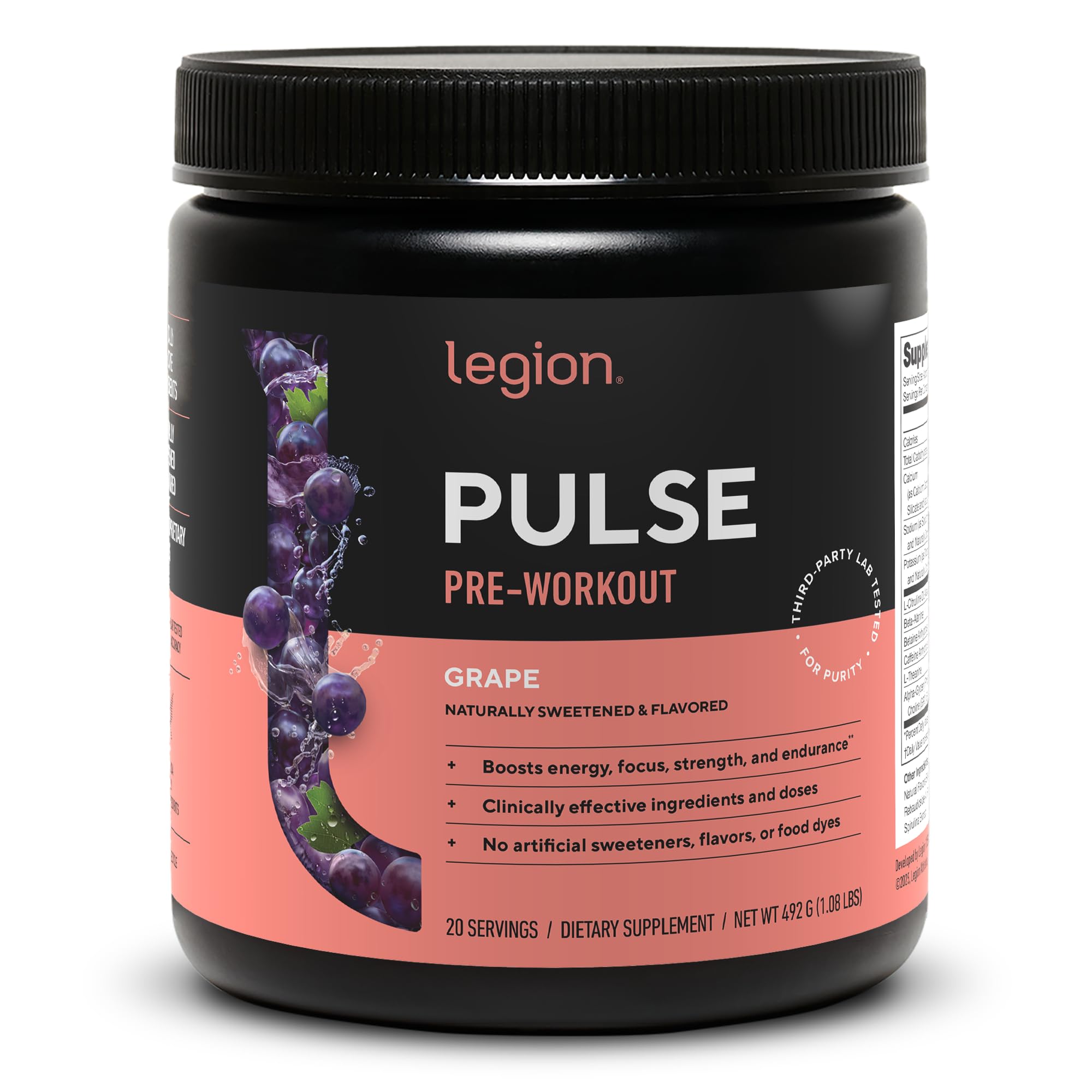 LEGION Pulse preworkout grape bottle ready for an energizing training session