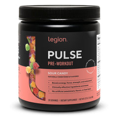 LEGION Pulse Pre Workout bottle shows clean energy for intense sessions.