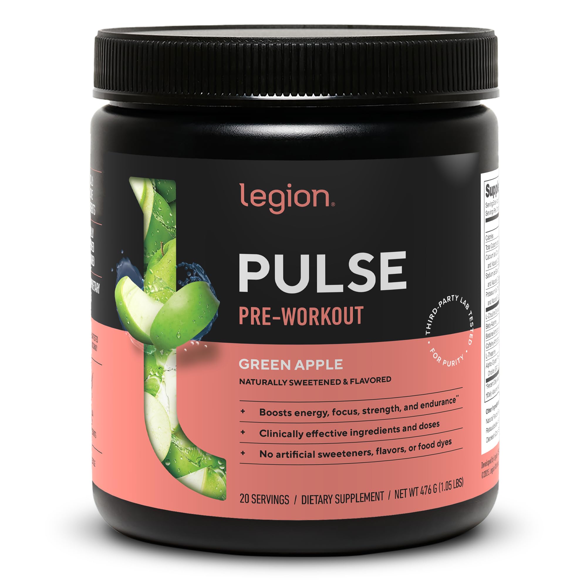 LEGION Pulse preworkout can dispensing powder for quick energy during training