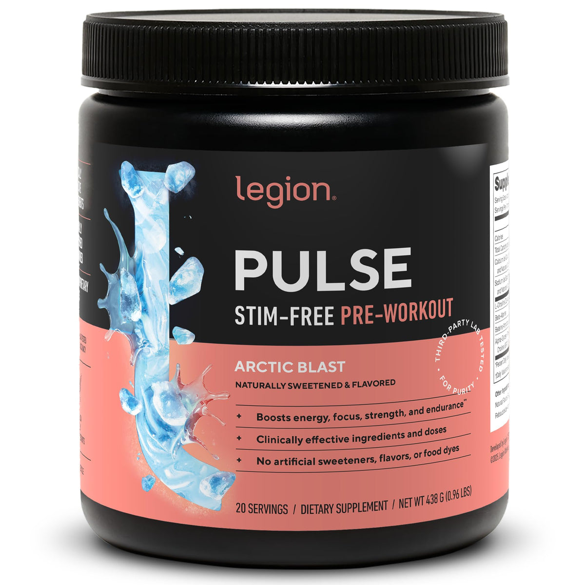 LEGION Pulse can top view highlights a caffeine-free preworkout option for steady energy