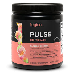 LEGION Pulse preworkout Rainbow Sherbet tub ready for a clean energy boost during training.