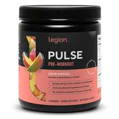 LEGION Pulse preworkout sour mango bottle showing natural energy support for workouts