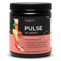 LEGION Pulse pre workout tropical punch tub front shows natural energy lift