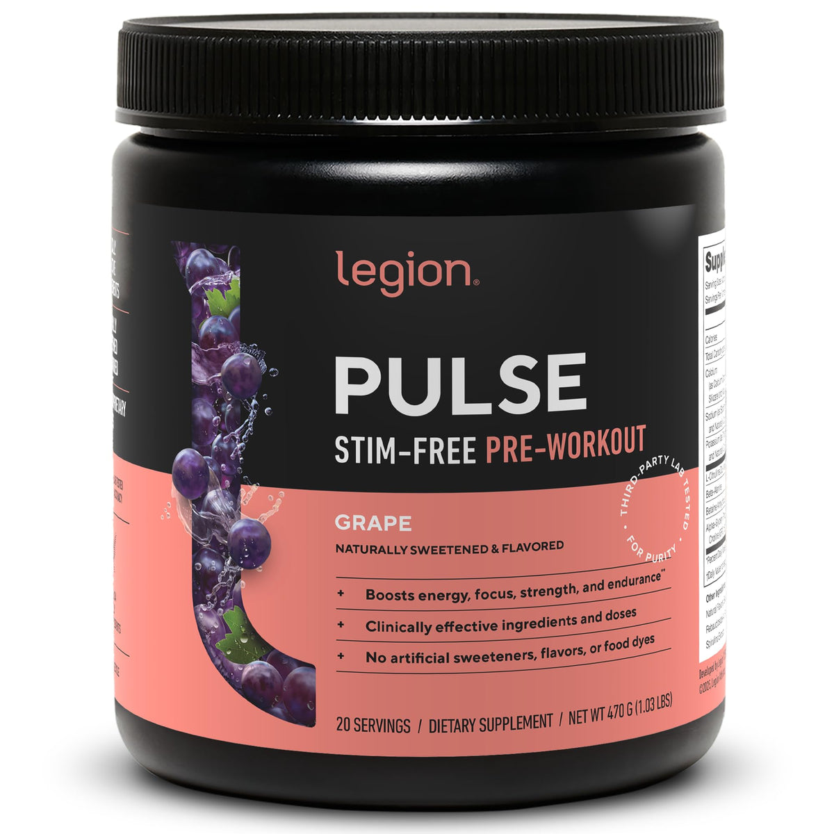 LEGION Pulse pre workout tub shows caffeine-free formula for clean energy and focus.
