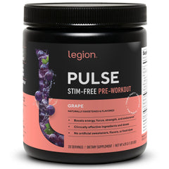 LEGION Pulse pre workout tub shows caffeine-free formula for clean energy and focus.