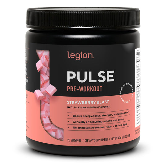 Legion Pulse Strawberry Blast canister delivers clean energy for workouts.