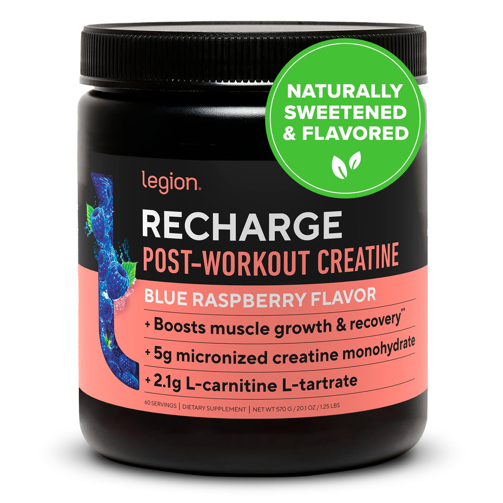 Legion Recharge blue raspberry tub highlights clean packaging for post-workout recovery