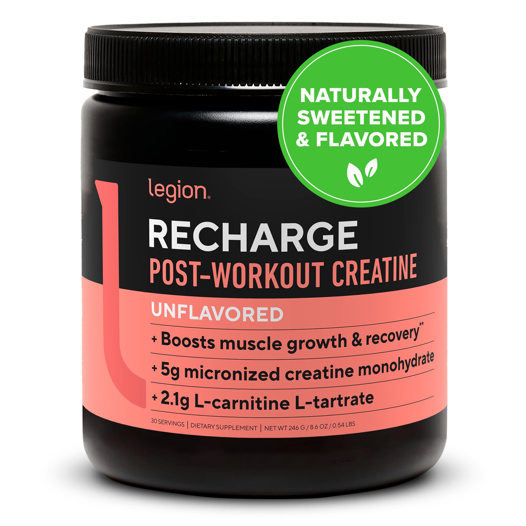 LEGION Recharge post-workout powder tub highlighting convenient recovery support after training.