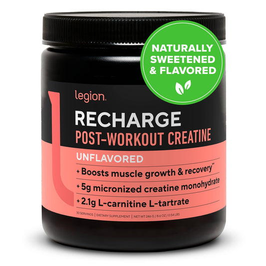 LEGION Recharge post-workout powder tub highlighting convenient recovery support after training.